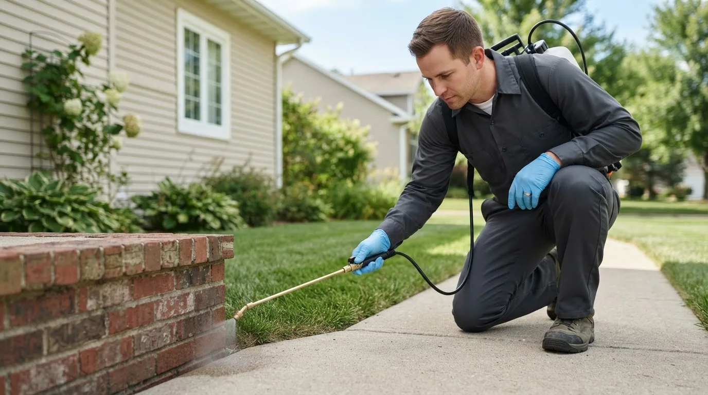 Pest control technician treating a home near Kelley, IA