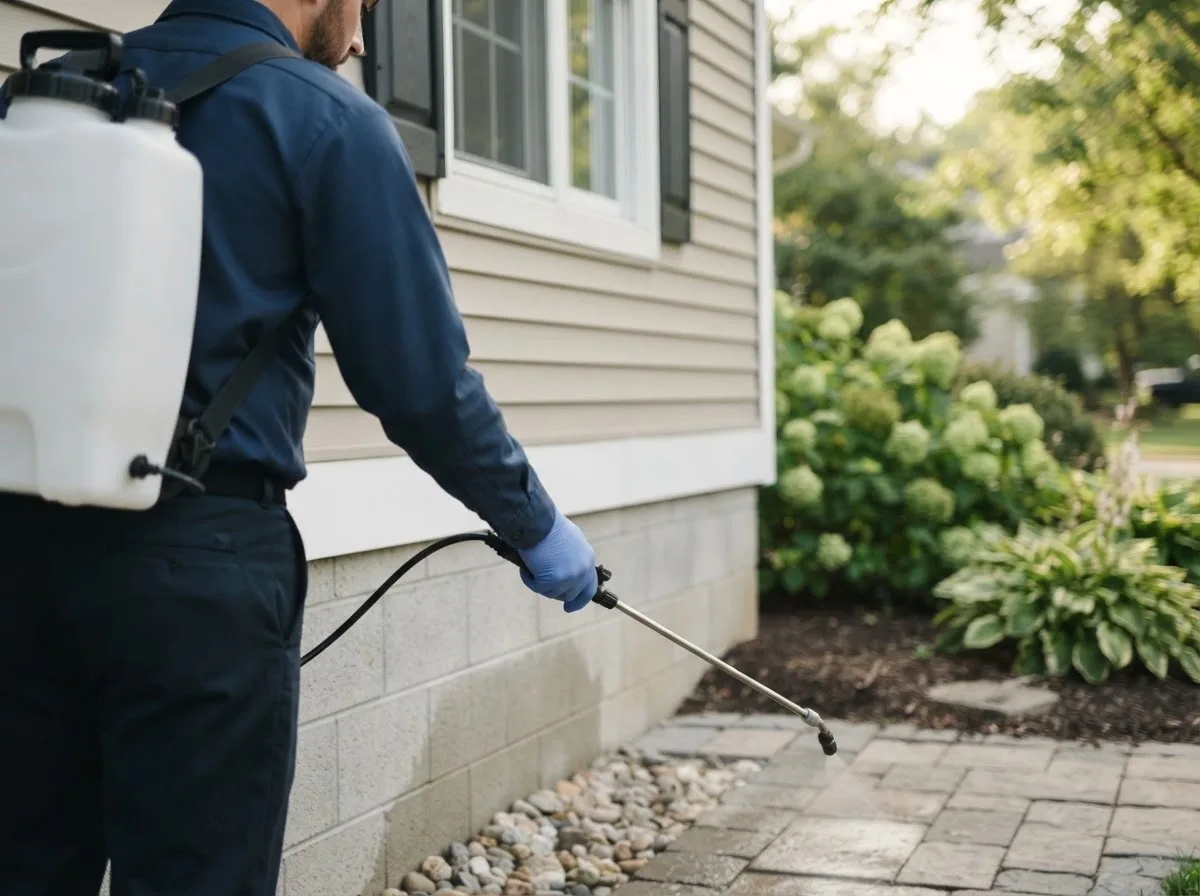 Pest control technician inspecting a home in Kelley, IA